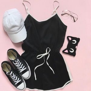 black and white short satin romper